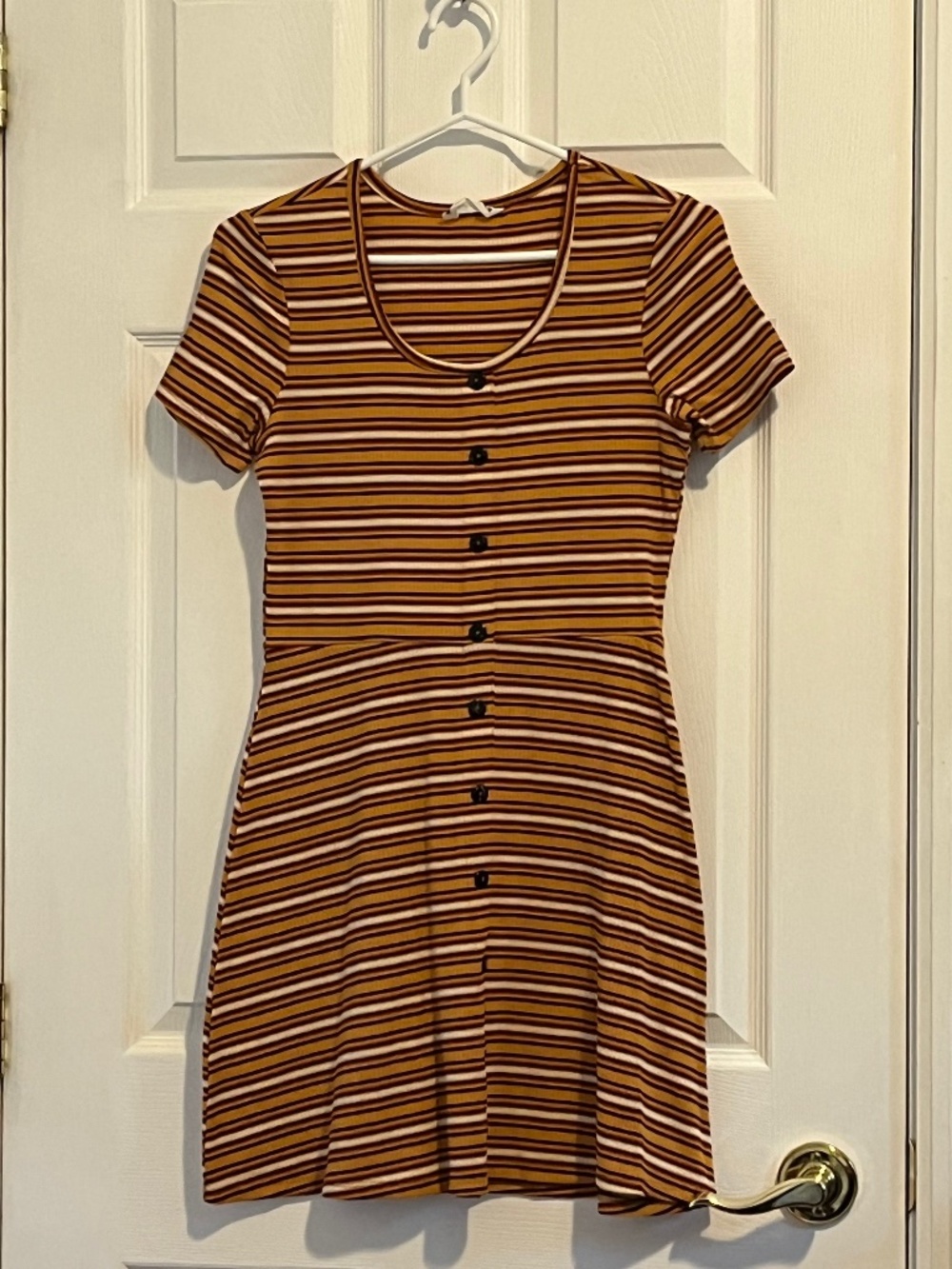 Brow and orange striped scoop neck dress with button details